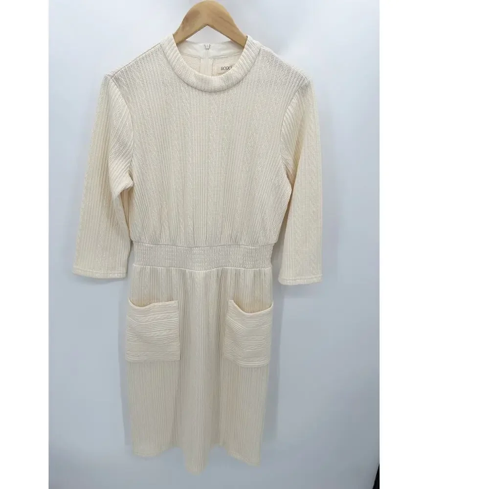 Roolee Dress Women MEDIUM Yellow Cream Knit Long Sleeve Patch Pocket Modest Midi